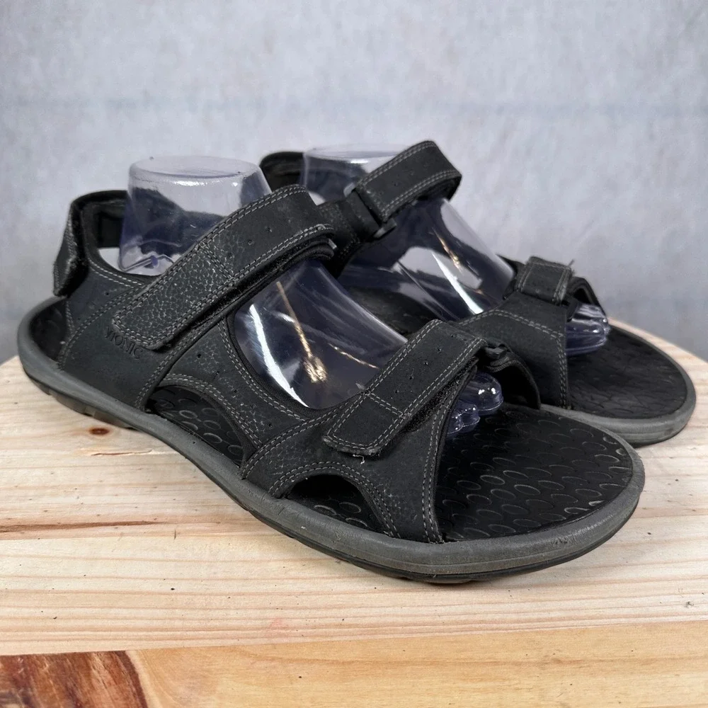 Vionic Bryce Sandals Mens 14 Black Good Leather Triple Strap Orthotic Walking